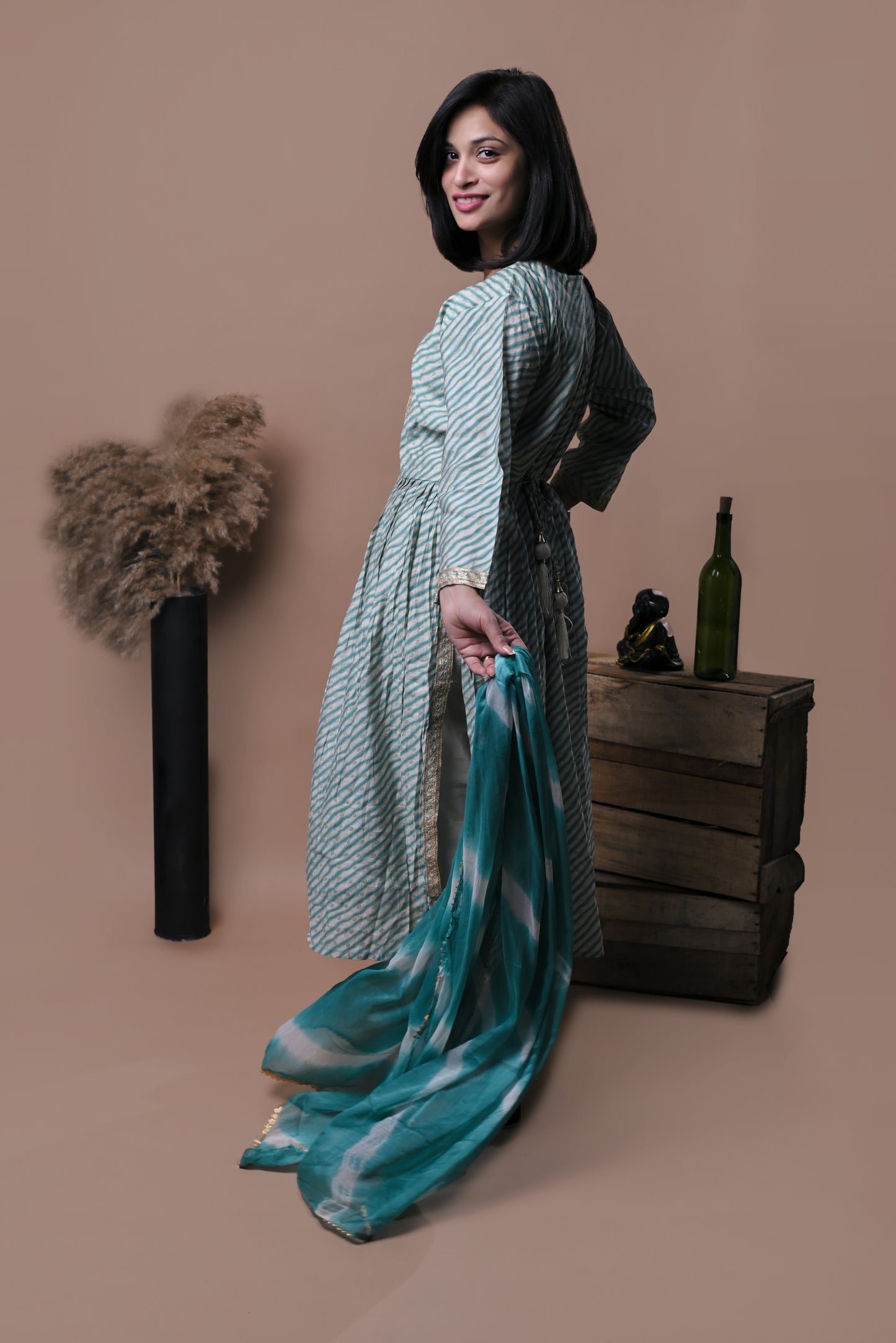 Aqua blue printed kurta with pants and leheriya dupatta