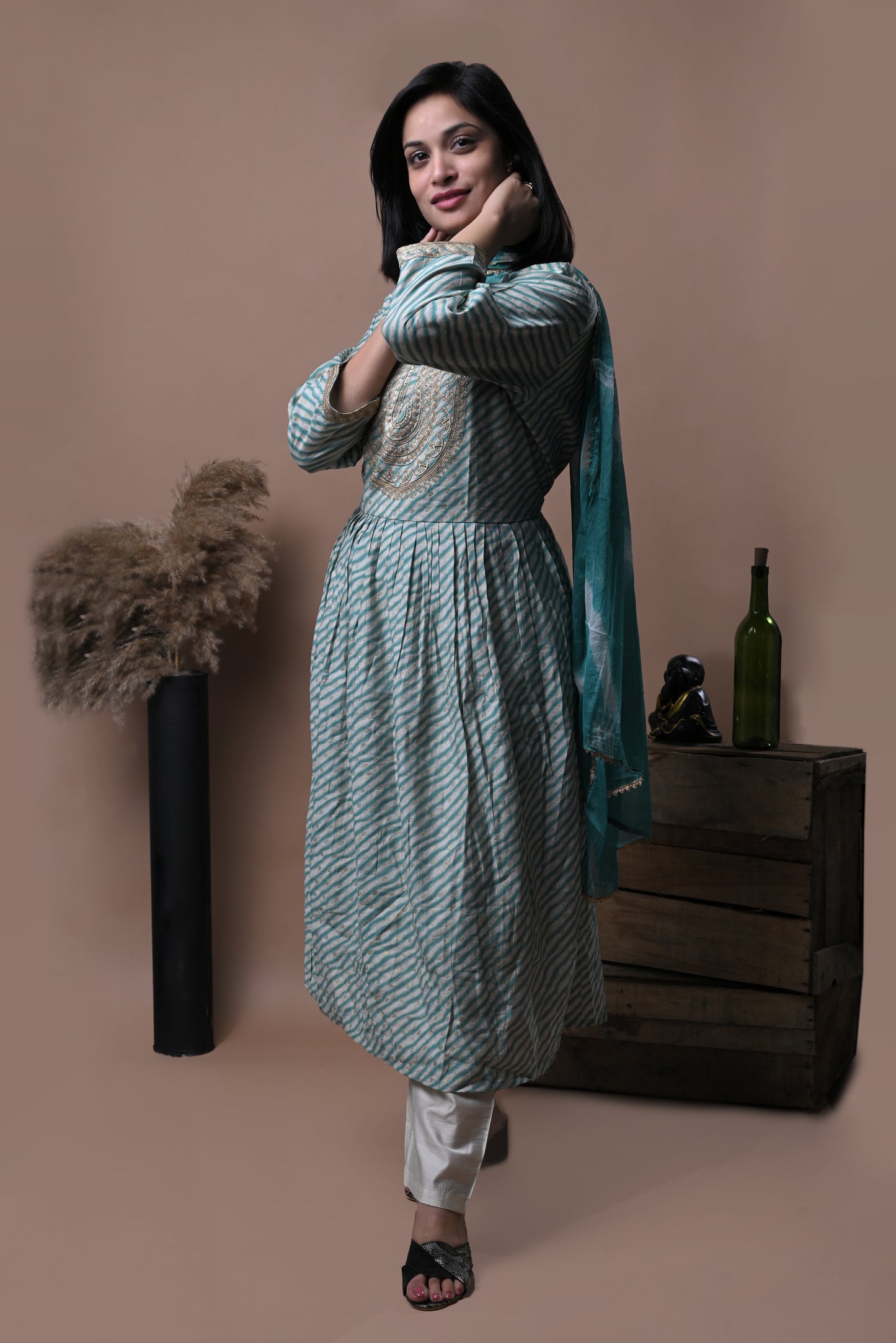Aqua blue printed kurta with pants and leheriya dupatta
