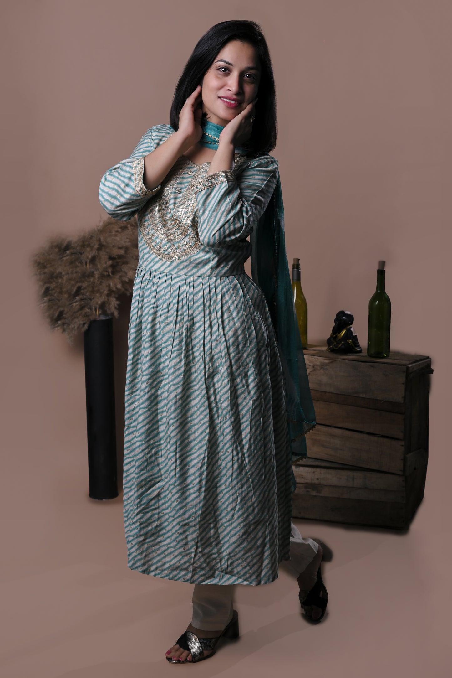 Aqua blue printed kurta with pants and leheriya dupatta