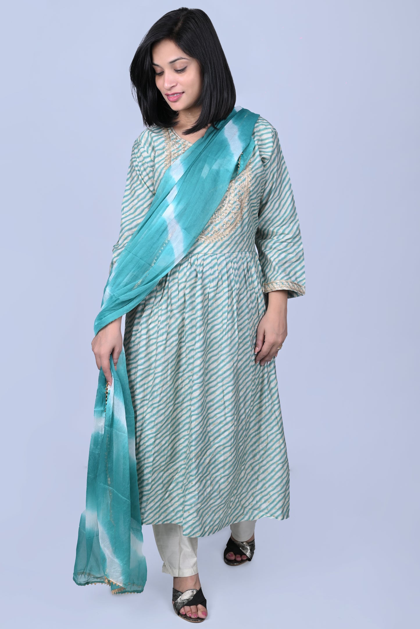 Aqua blue printed kurta with pants and leheriya dupatta