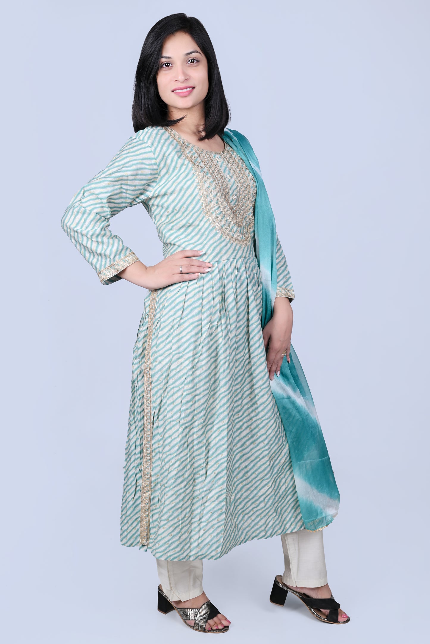 Aqua blue printed kurta with pants and leheriya dupatta