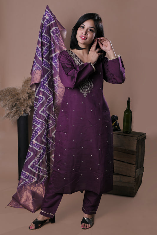 Violet embroidered kurts with pants and dupatta