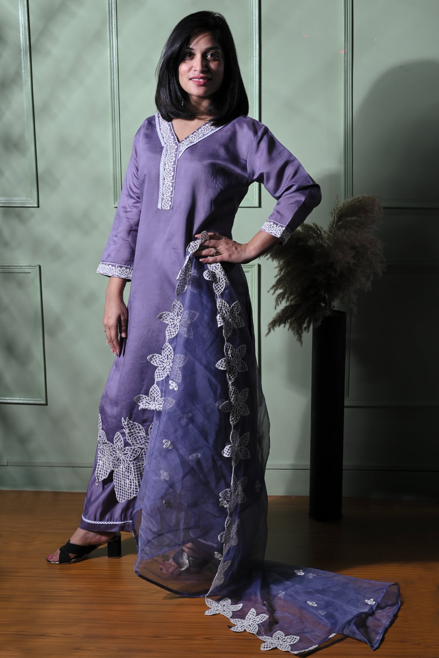 Lilac cotton kurta with pants and dupatta