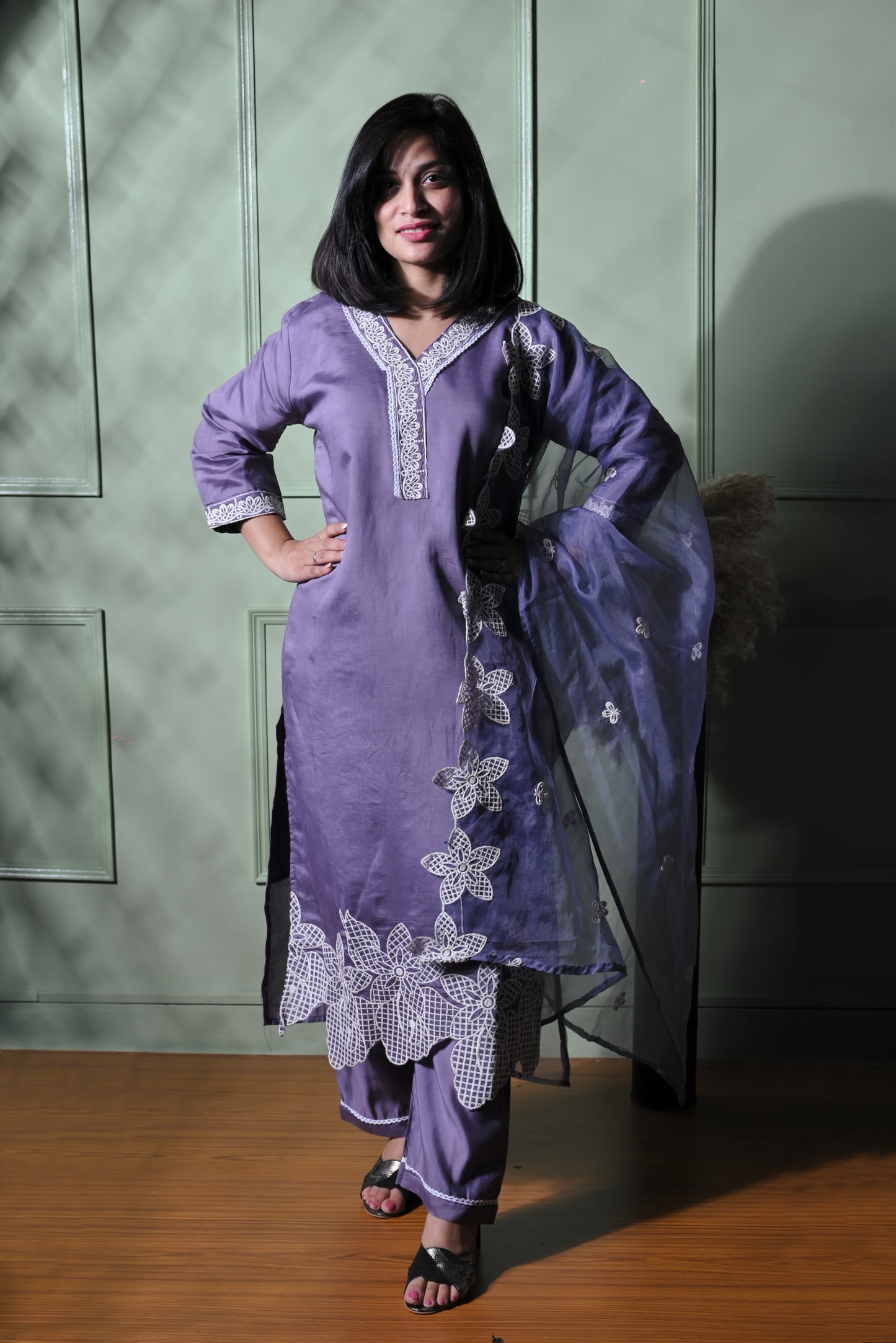 Lilac cotton kurta with pants and dupatta