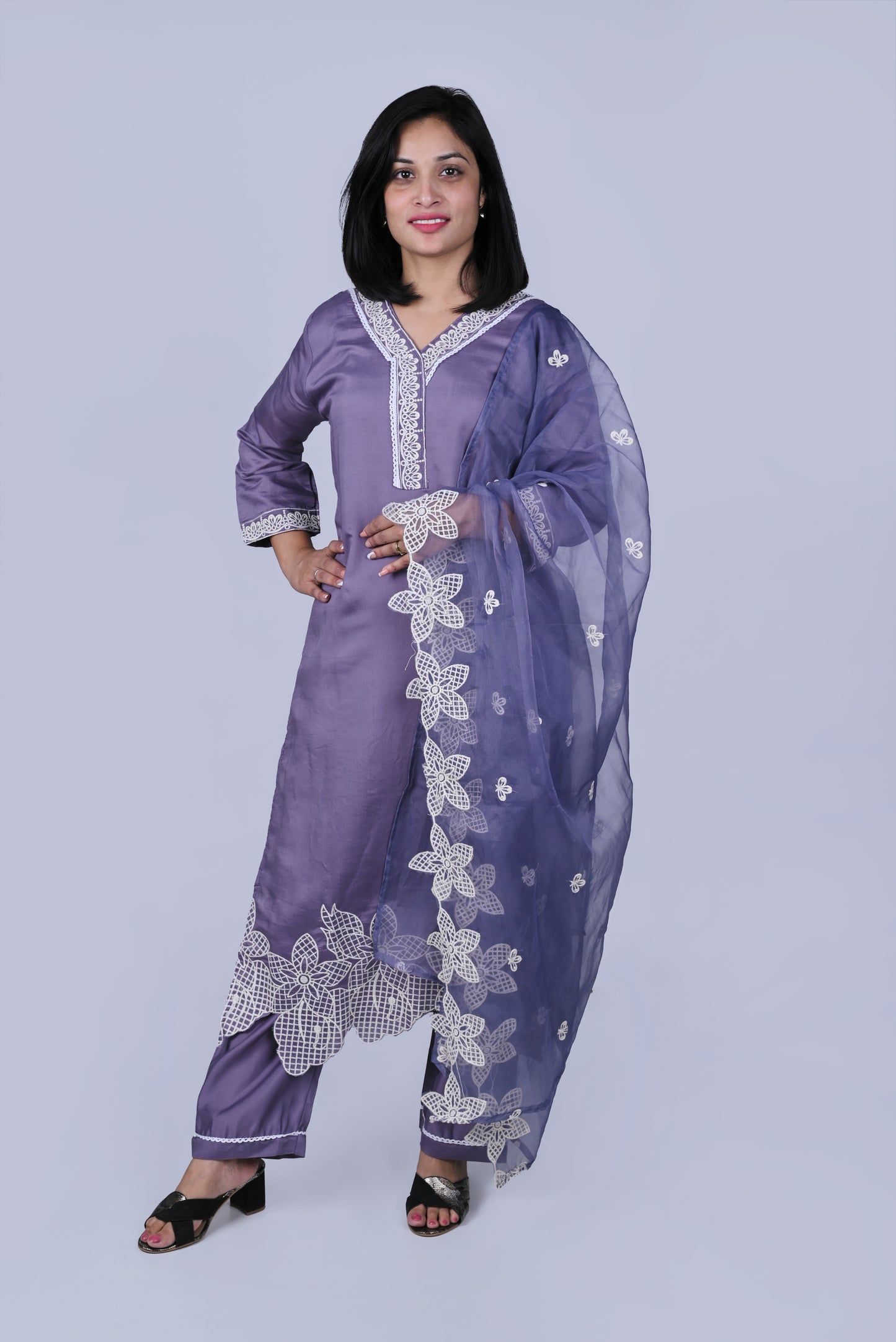 Lilac cotton kurta with pants and dupatta