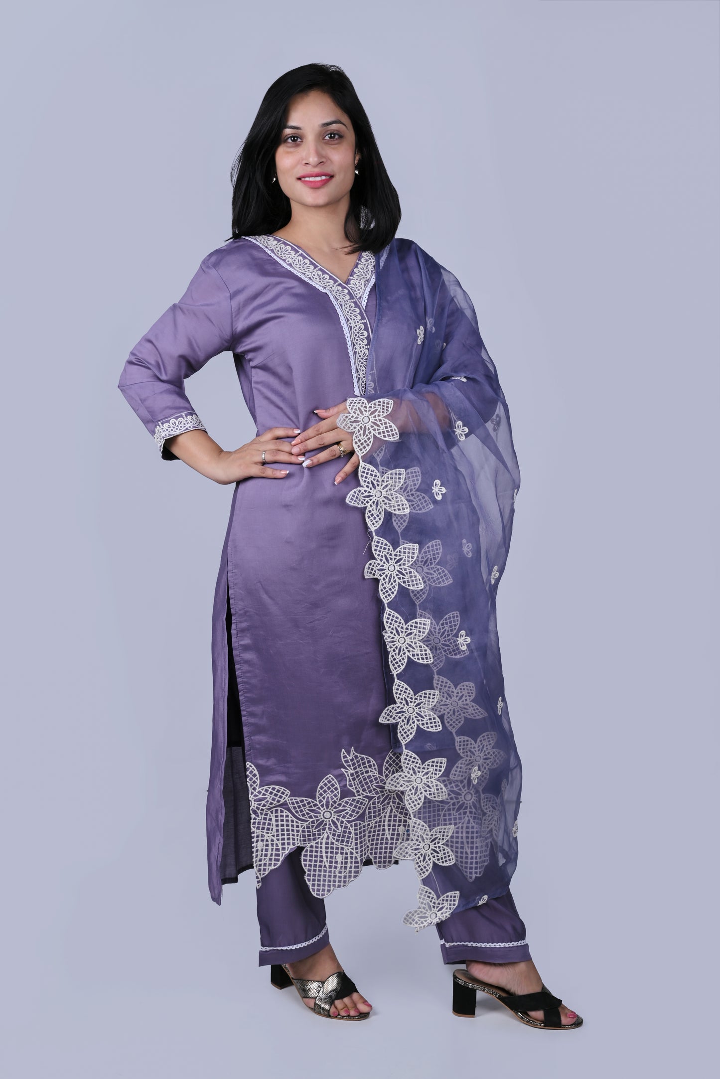 Lilac cotton kurta with pants and dupatta