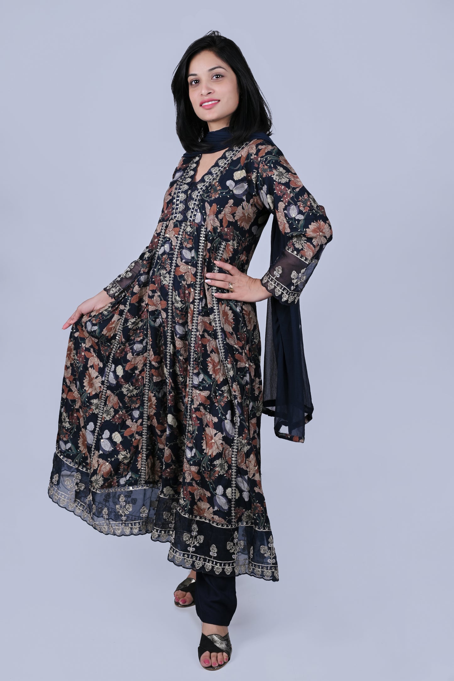 Navy blue prited anarkali with pants and dupatta