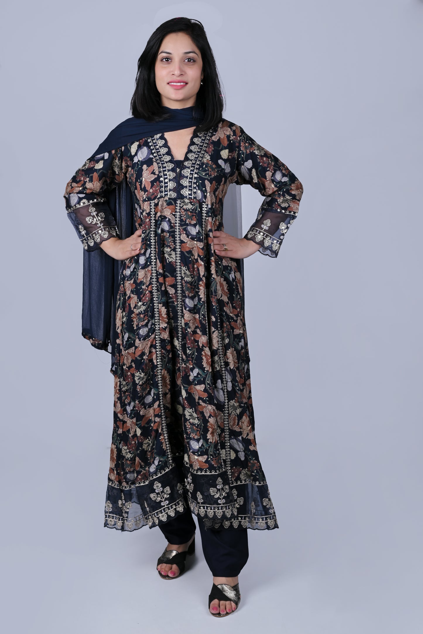 Navy blue prited anarkali with pants and dupatta