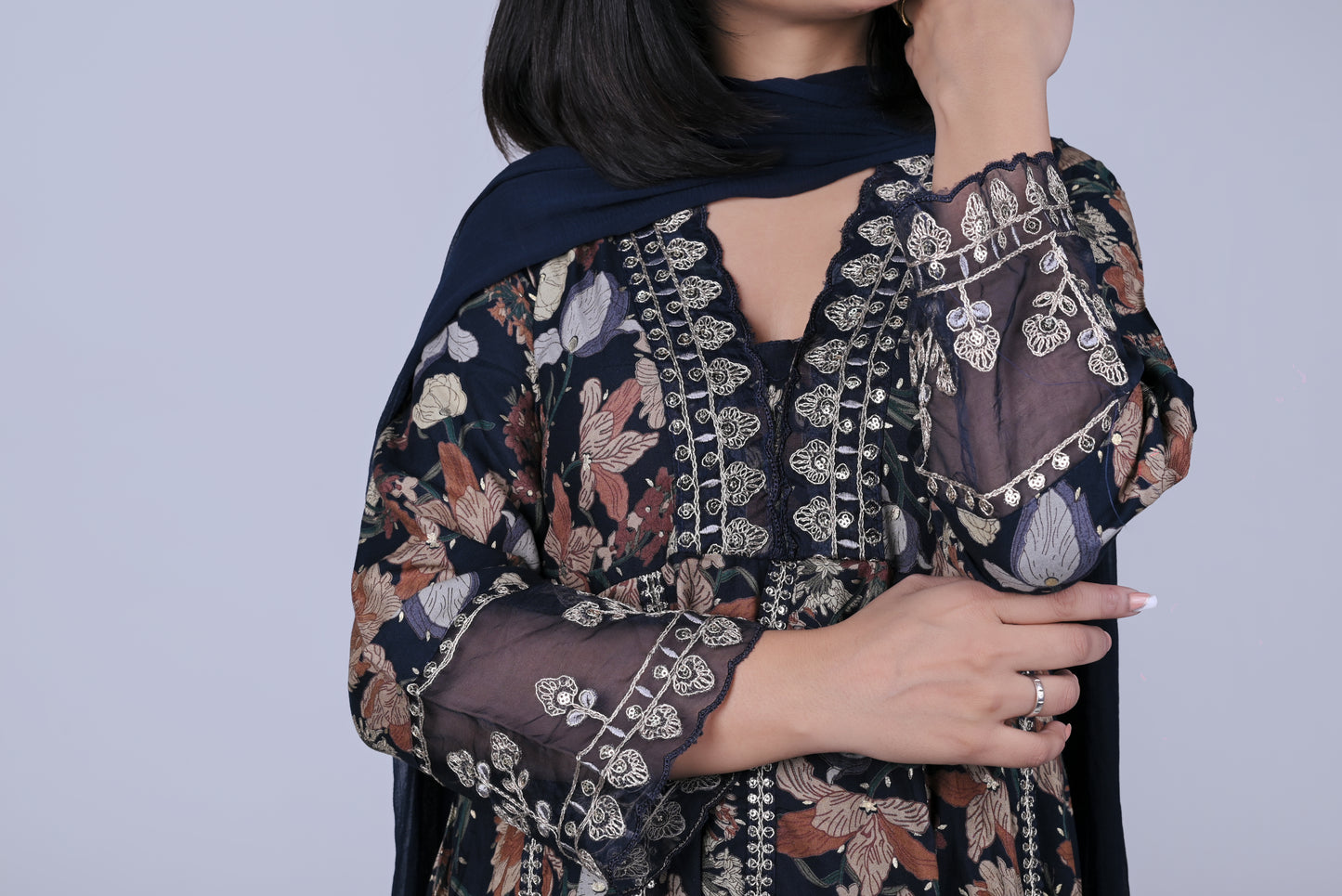 Navy blue prited anarkali with pants and dupatta