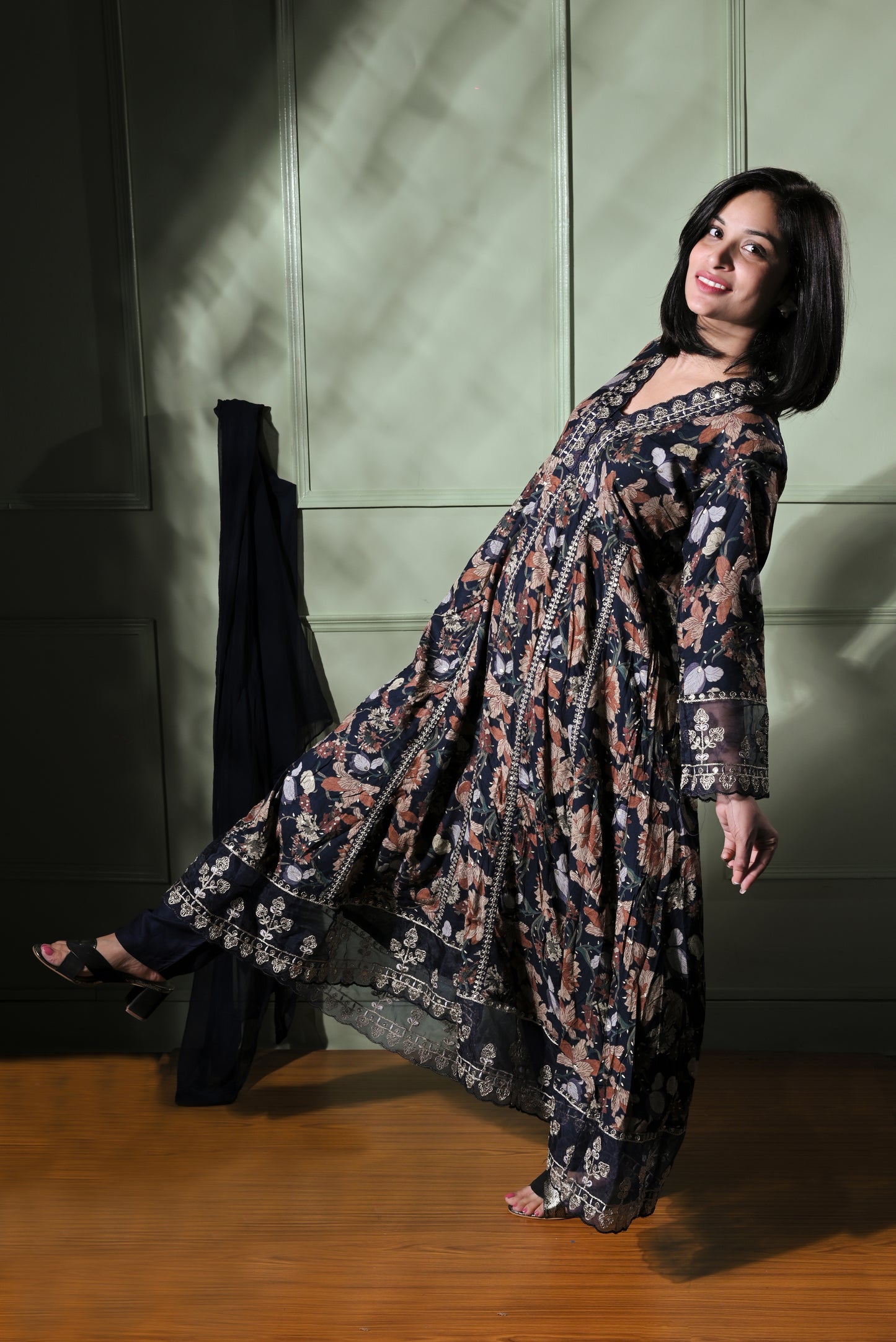 Navy blue prited anarkali with pants and dupatta