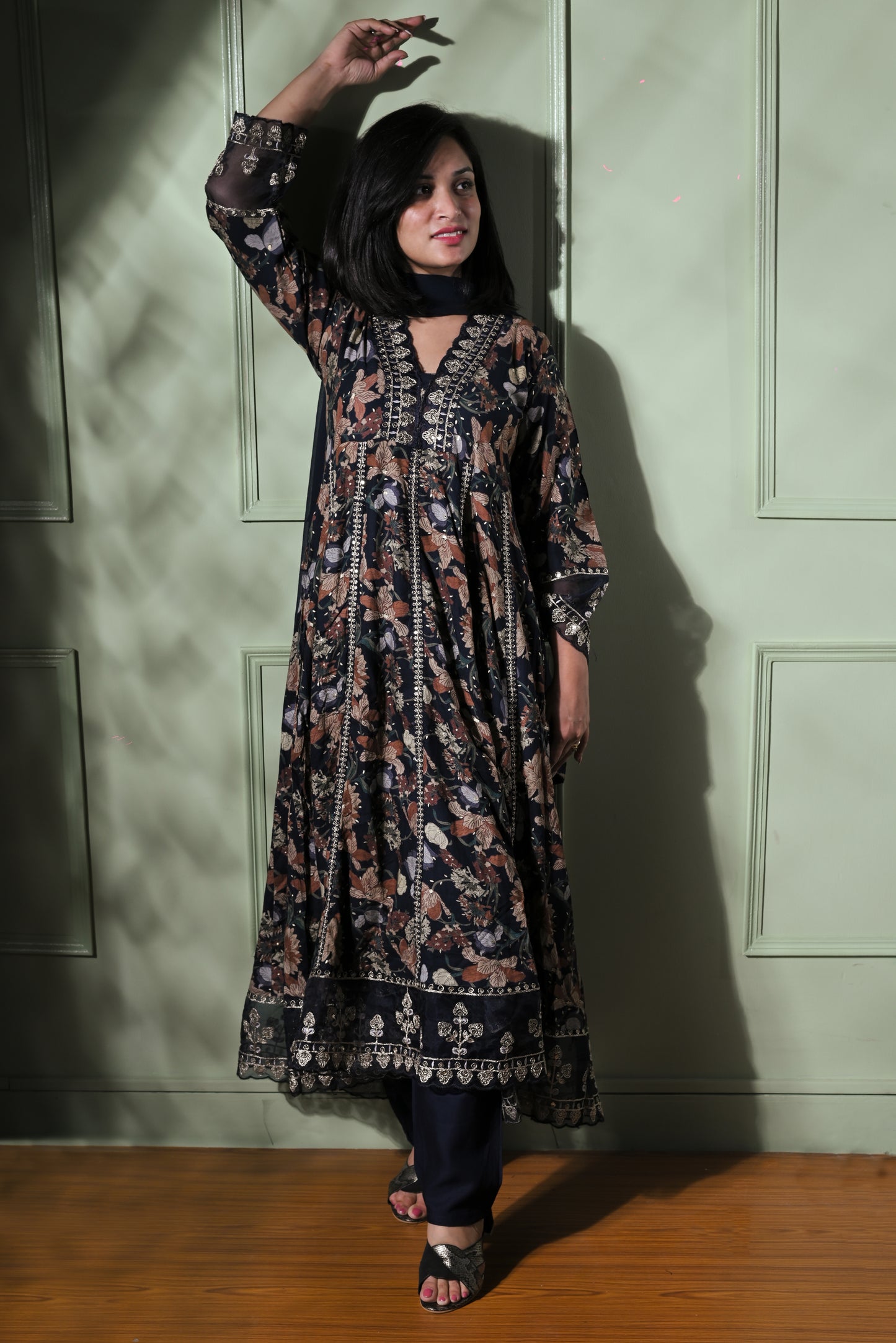 Navy blue prited anarkali with pants and dupatta