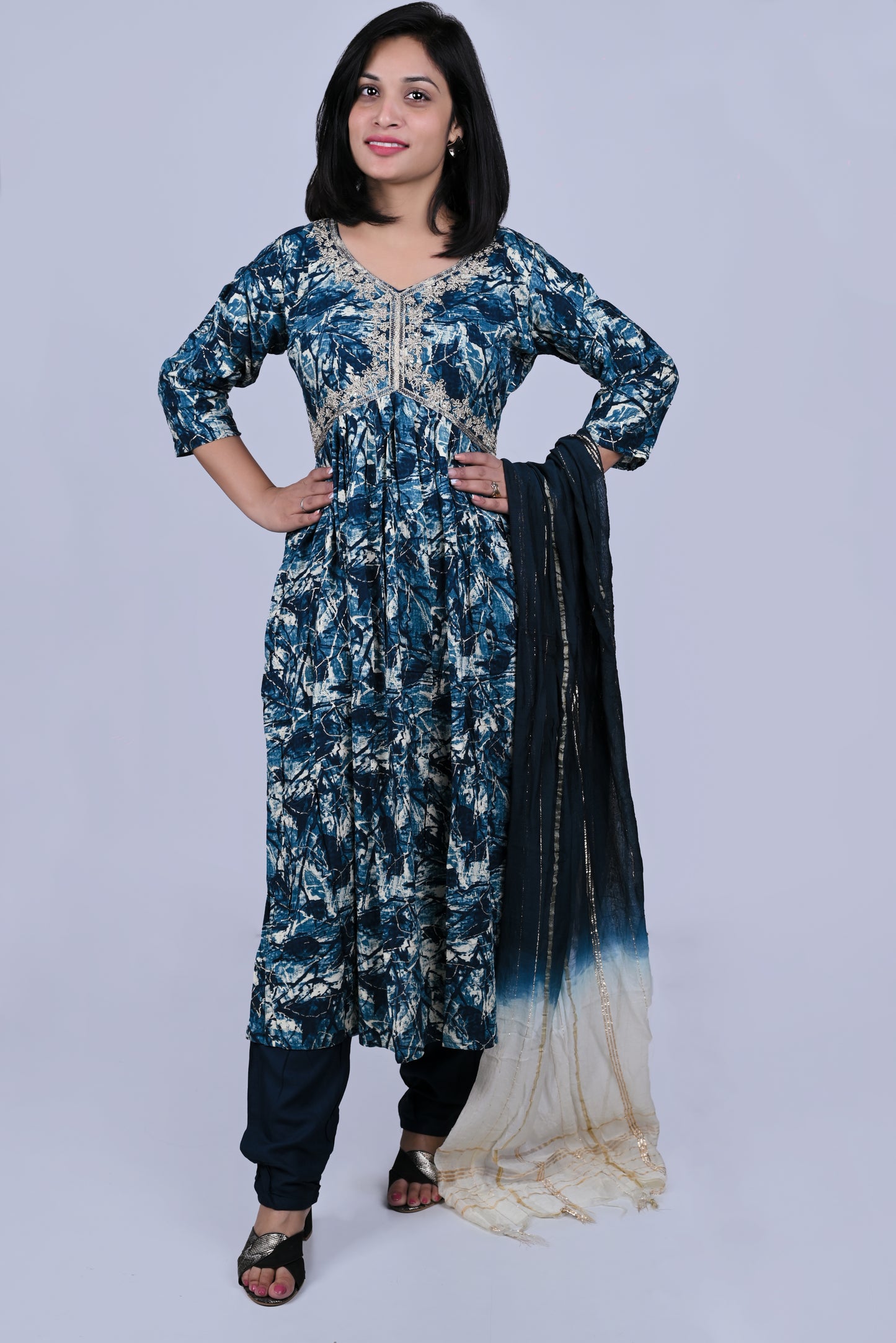 Teal embroidered printed kurta with ombre dupatta and pants