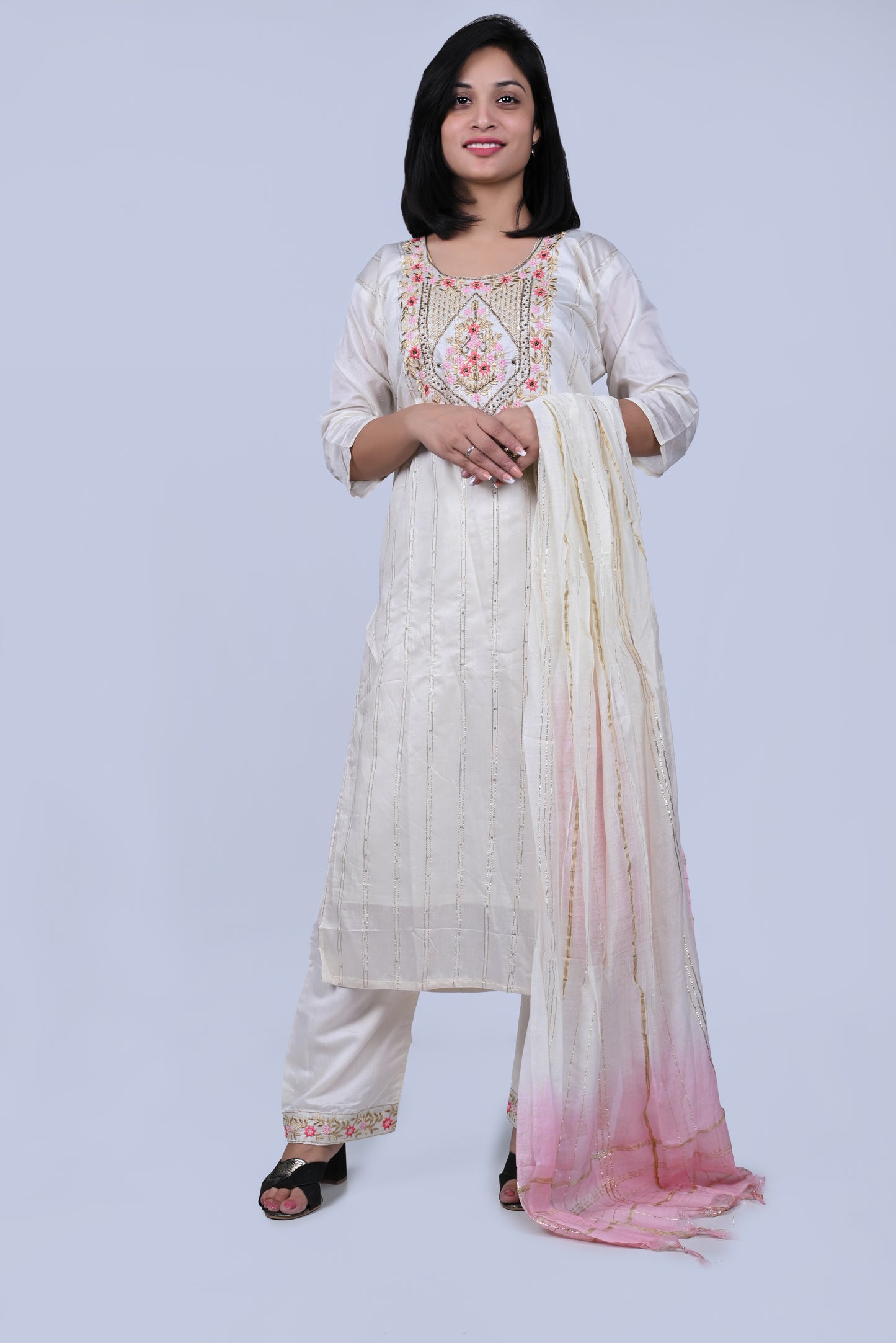 Off White embroidered kurta with pink ombre dupatta and pants