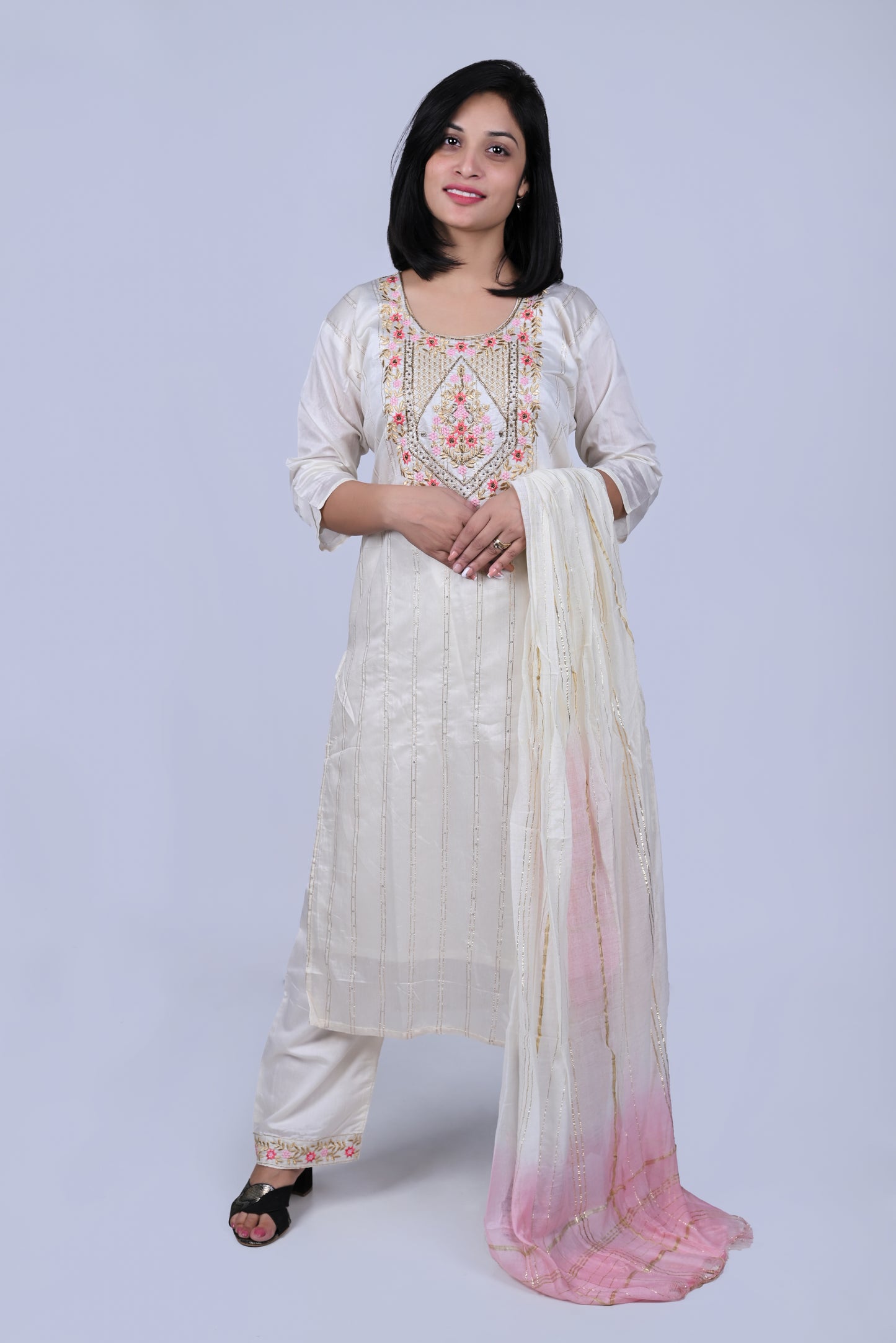 Off White embroidered kurta with pink ombre dupatta and pants