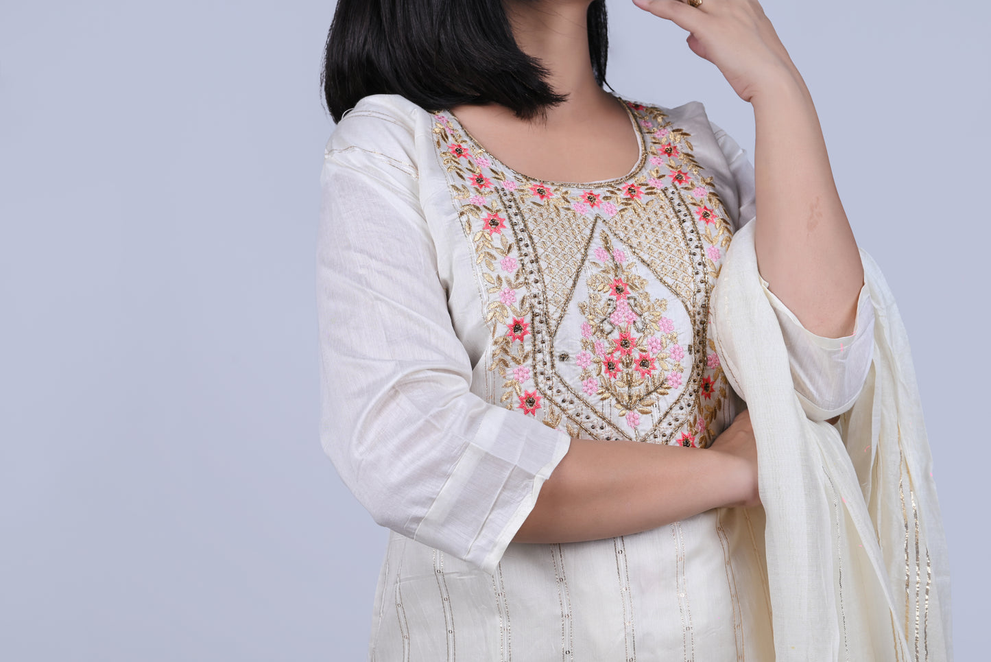Off White embroidered kurta with pink ombre dupatta and pants