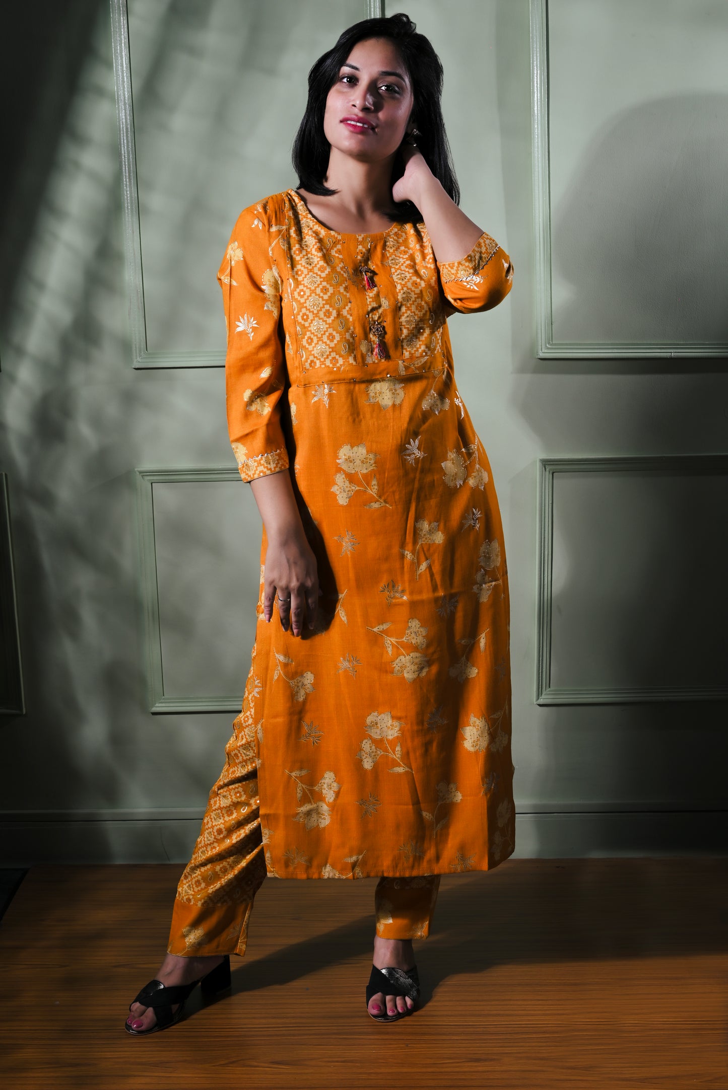 Yellow printed kurta with pants
