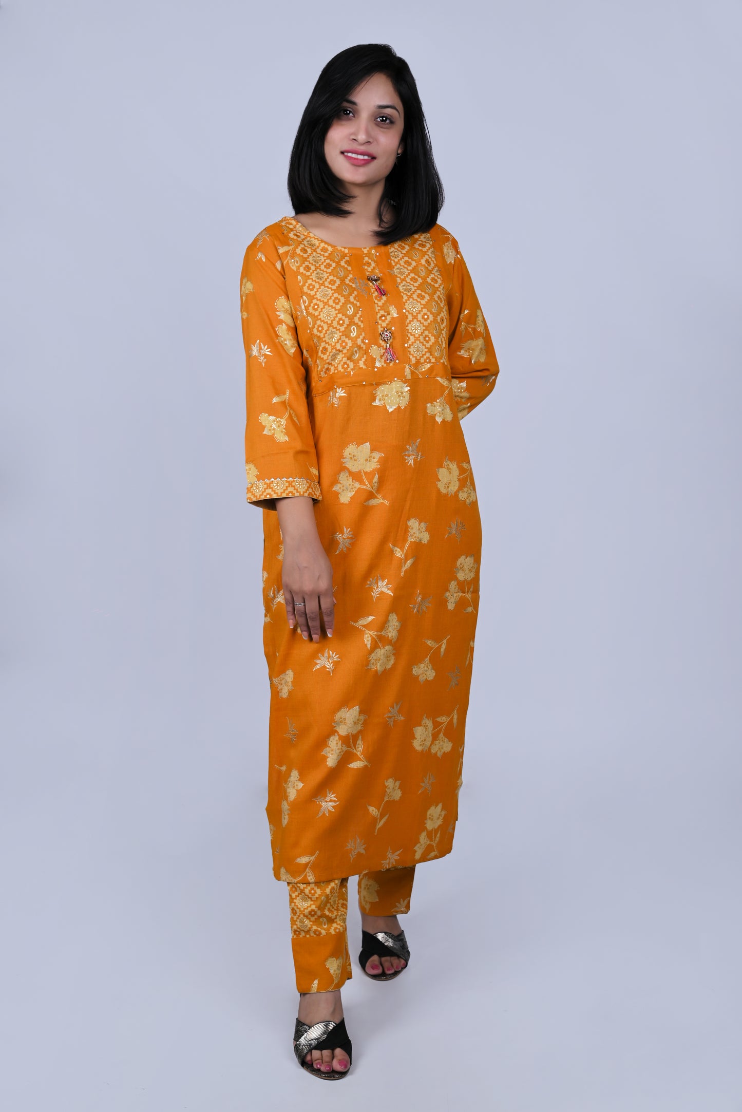 Yellow printed kurta with pants