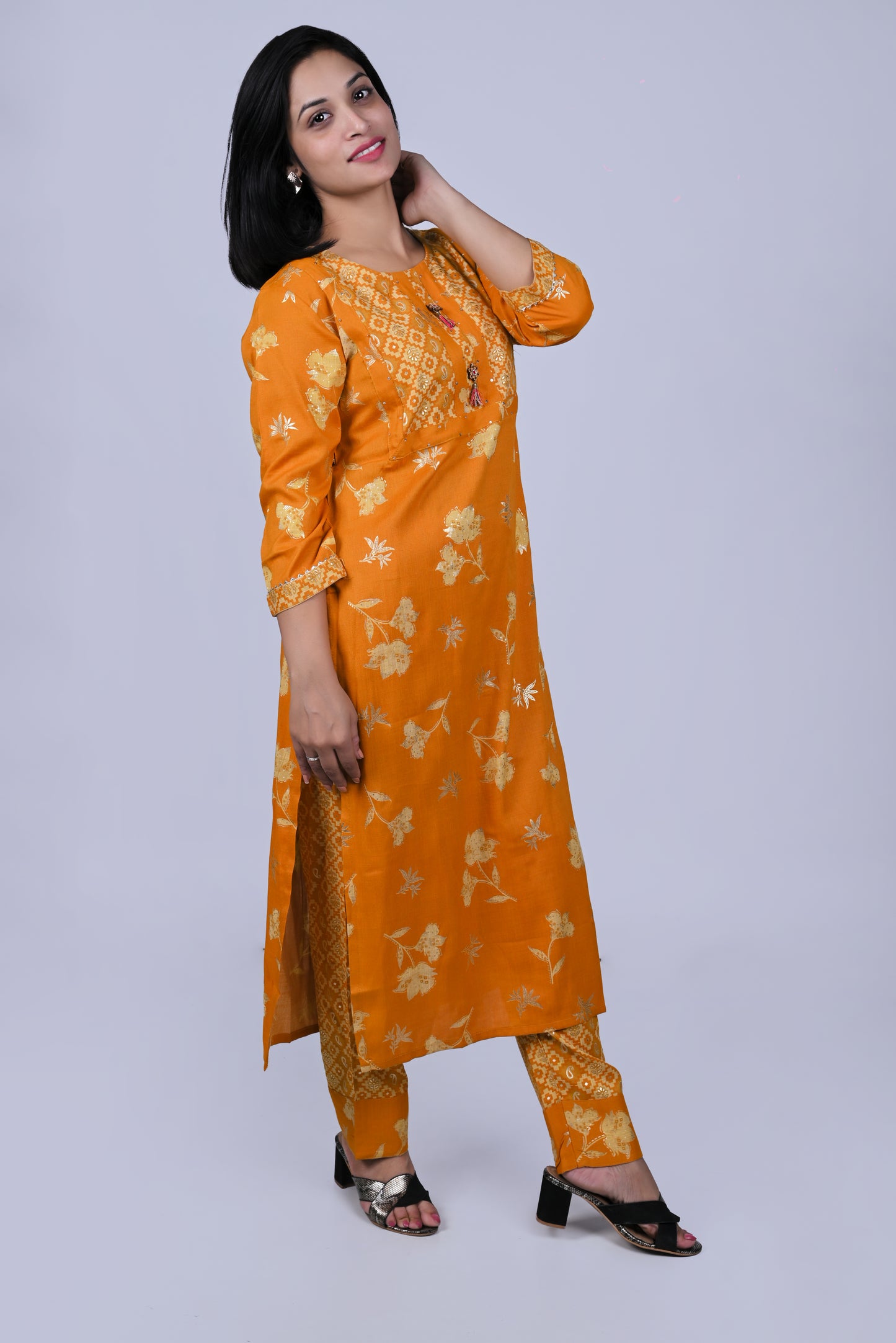 Yellow printed kurta with pants