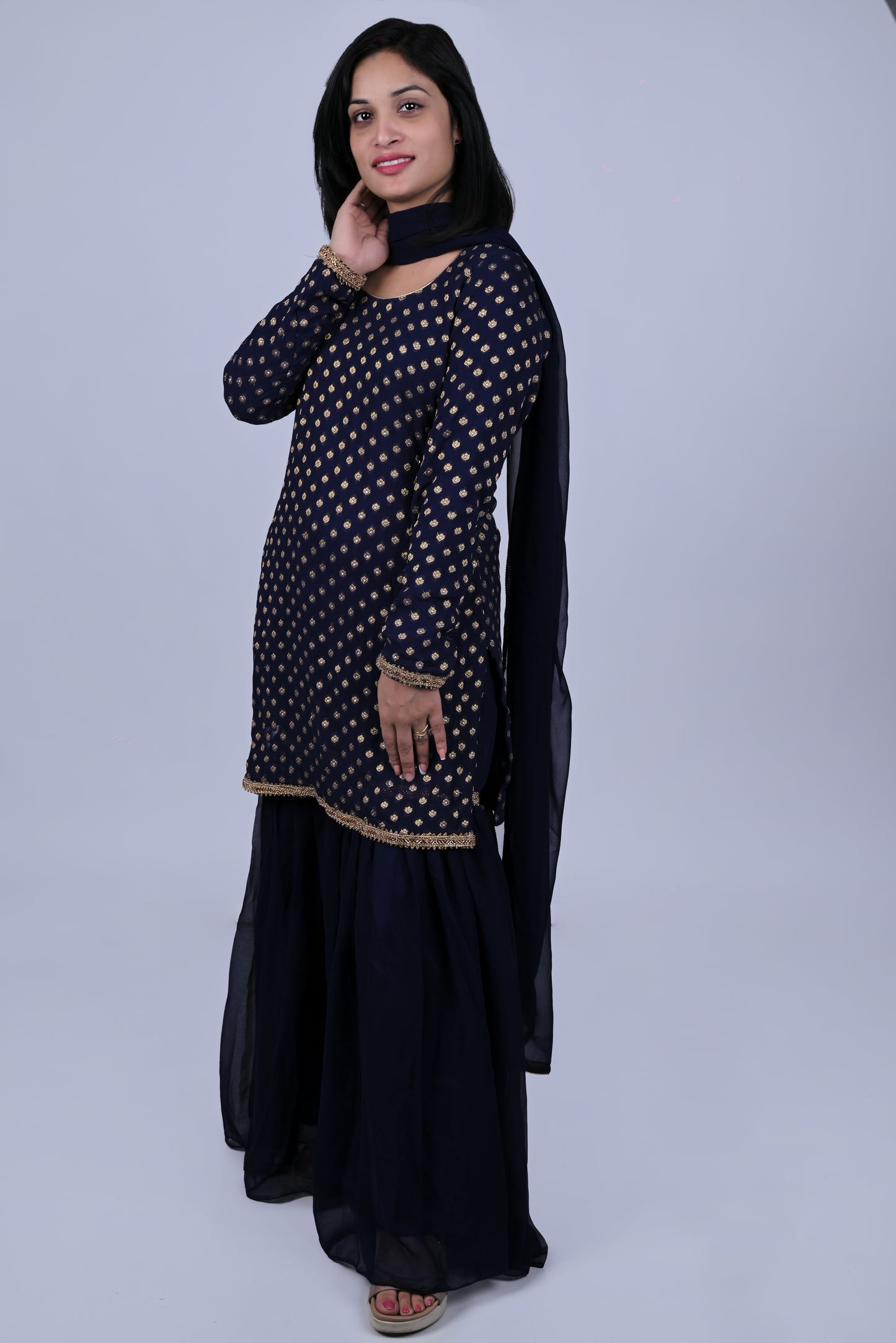 Royal blue banarasi bootie kurta with sharara and dupatta