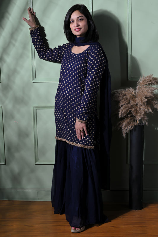 Royal blue banarasi bootie kurta with sharara and dupatta