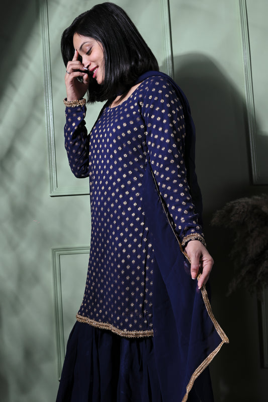 Royal blue banarasi bootie kurta with sharara and dupatta