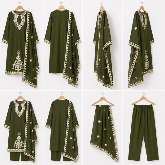 Deep Olive Green Embroidered kurta Set