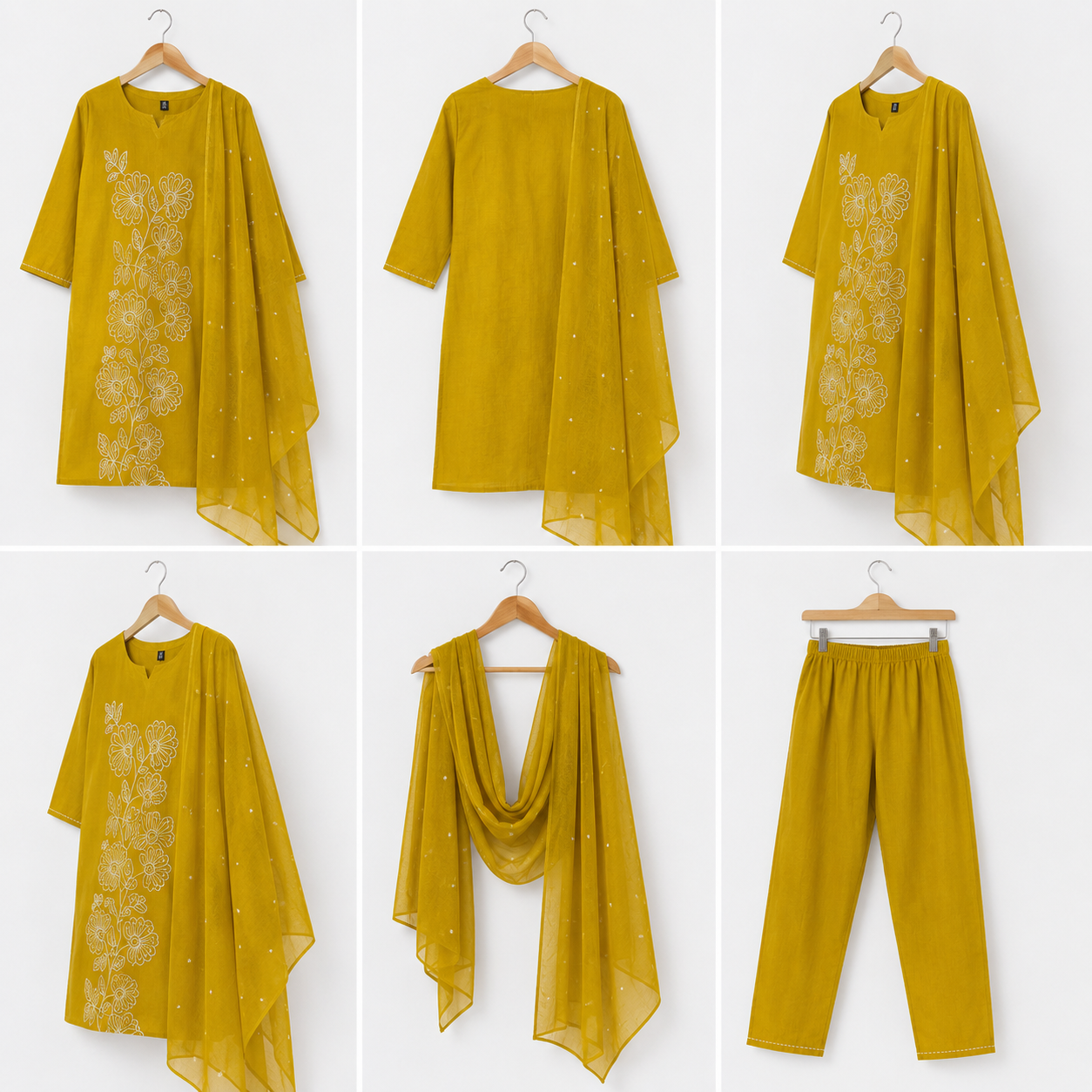 Mustard Yellow Floral Contour Embroidered kurta set
