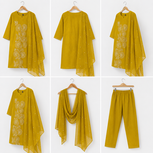 Mustard Yellow Floral Contour Embroidered kurta set