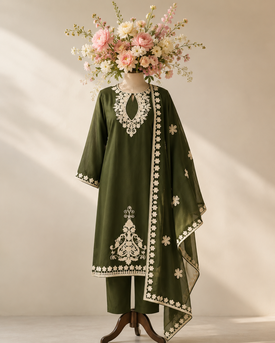 Deep Olive Green Embroidered kurta Set