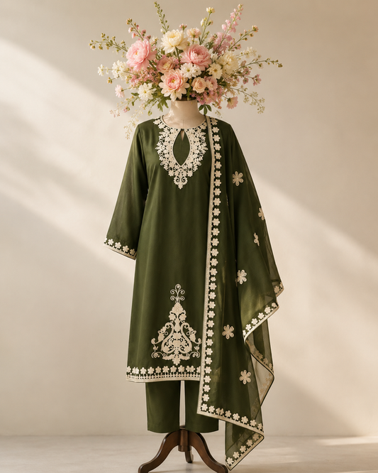 Deep Olive Green Embroidered kurta Set