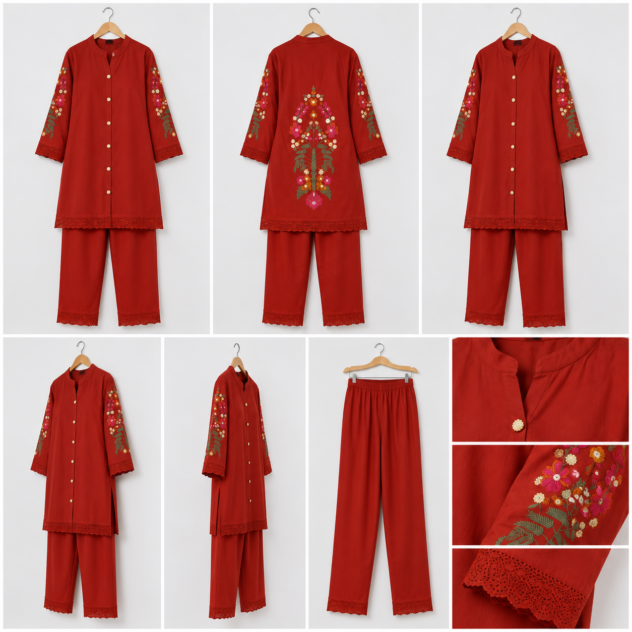 Rust Red Cotton Co-ord Set with Embroidered Sleeves